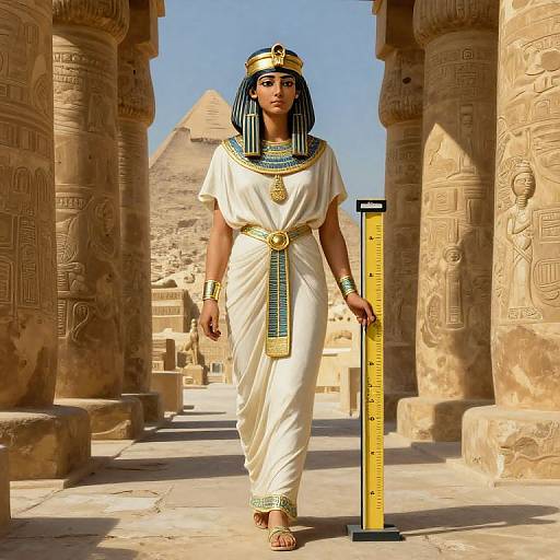 Photorealistic image of an Egyptian woman in traditional white dress, blue-striped headdress, gold accessories, standing between ancient columns with a height measuring stick