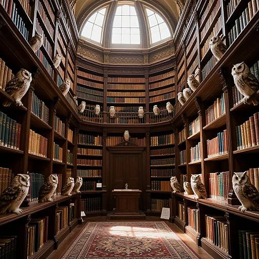 Photograph of an elegant, dimly lit library with tall wooden bookshelves, owl statues, arched window, and ornate patterned rug