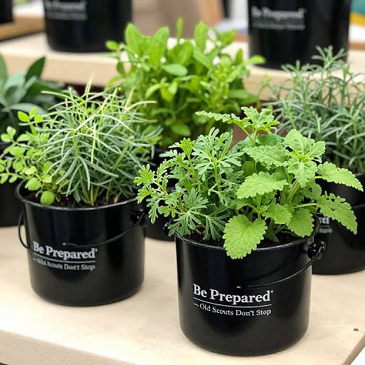 Green Herbs in Black Enameled Pots