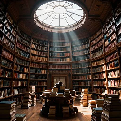 Photograph of a grand, sunlit library with a circular skylight, wooden shelves filled with colorful books, and a central table stacked with books