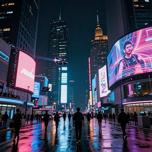 Nighttime photograph of a neon-lit, rainy city street in New York, with silhouetted pedestrians, colorful billboards, and towering skys