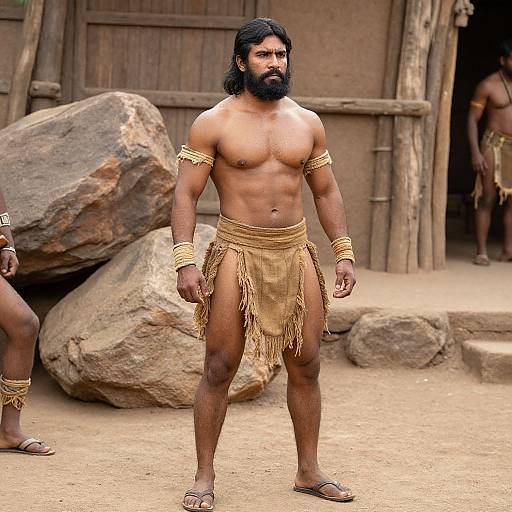 Photorealistic CGI of a muscular, bearded, dark-skinned man with black hair, wearing a gold armlet, wristbands, and lo