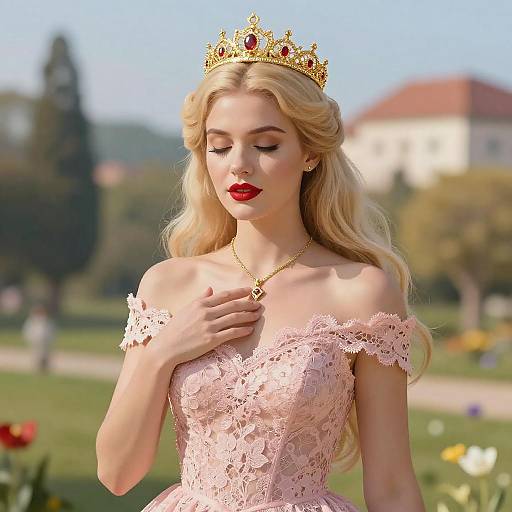 Regal Blonde Woman in Pink Lace