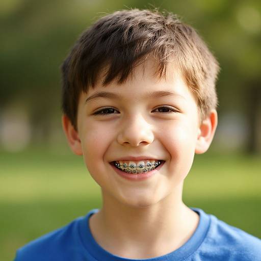 Photograph of a smiling young boy with dark brown hair, wearing a blue shirt, showing metal braces on his teeth, in a sunlit, green