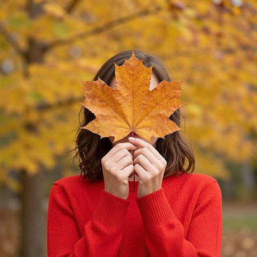Photograph of a person with shoulder-length brown hair, wearing a red sweater, holding a large orange maple leaf over their face, standing in a background