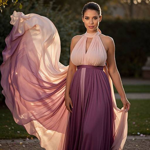 Photograph of a beautiful woman with dark hair in an elegant, flowing pink and purple halter gown, standing outdoors with the dress billowing in the