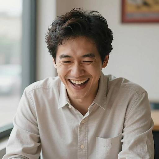 Joyful Man Laughing by Window