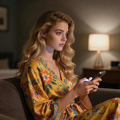 Young Woman in Floral Robe with Smartphone