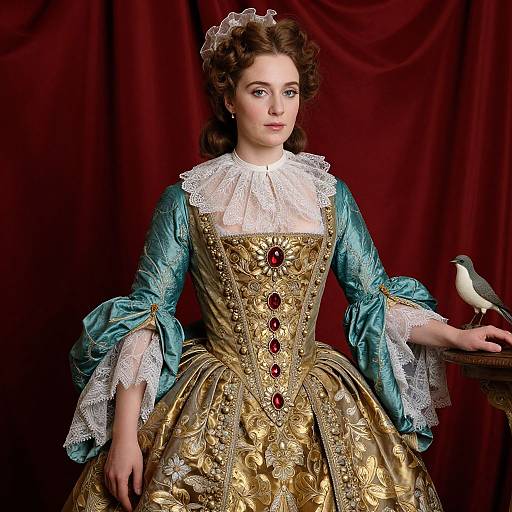 Photograph of a fair-skinned woman with brown curly hair, wearing an elaborate 18th-century gold and turquoise dress, lace collar, holding a