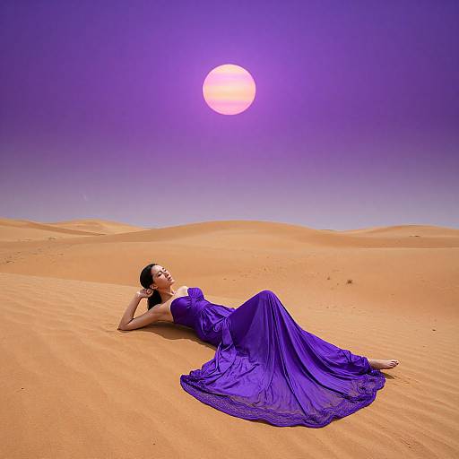 Photograph of a woman in a flowing purple dress, lying on golden desert sand, under a bright purple sun in a clear sky.