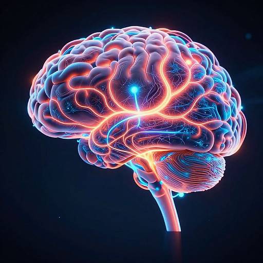 Digital CGI artwork of a glowing brain with neon blue and orange lines, illuminated against a dark background, highlighting neural activity.