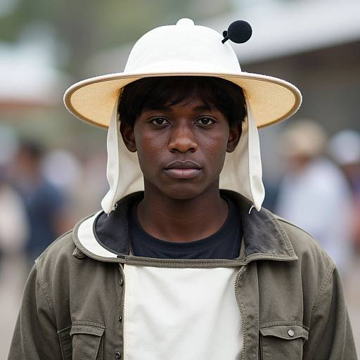 Photograph of a serious young Black man wearing a white, hat with a black dot, green jacket, and white apron, standing outdoors with a