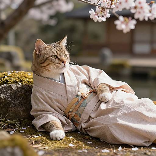 Photograph of a tabby cat in a light pink kimono, lounging on mossy rocks, surrounded by blooming cherry blossoms, sunlight