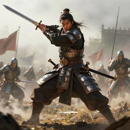 Digital artwork of a fierce samurai in battle armor, wielding a sword, surrounded by fellow warriors in a dusty, smoke-filled battlefield.