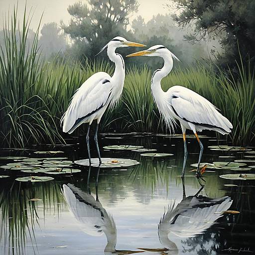 Majestic Herons in Muted Impressionist Pond