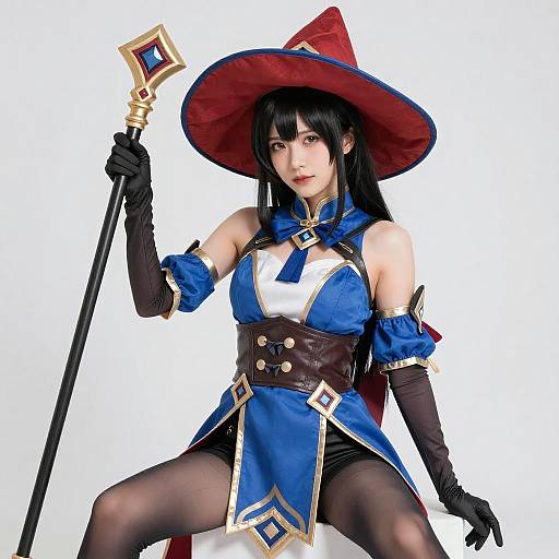 Fantasy Asian Woman in Blue Gold Cosplay