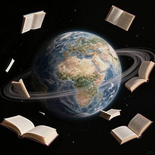 Digital artwork of Earth with swirling rings, surrounded by open books floating in space, against a black starry background.