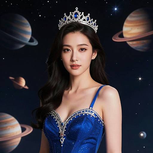 Photograph-style digital art of an Asian woman with long black hair, wearing a blue sequin dress and silver tiara, against a cosmic background with