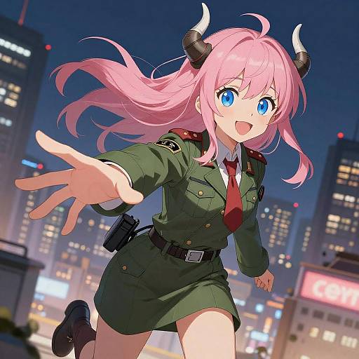 Anime Girl in Military Uniform Reaching Out at Night