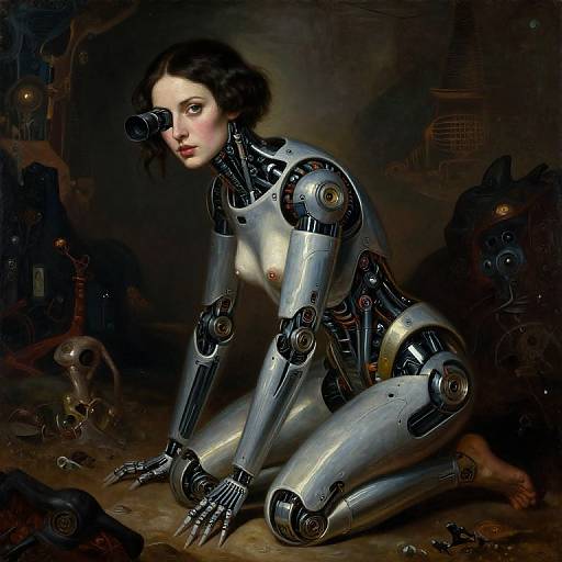Digital painting of a pale-skinned, black-haired, cybernetic woman with exposed joints, kneeling in a dark, cluttered room with mechanical parts