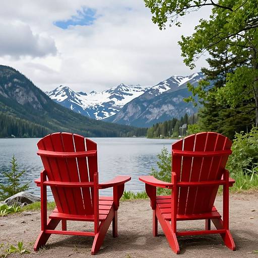 Red Chairs Overlooking Mountain Lake