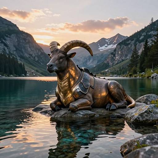 Photograph of a bronze, horned goat statue with armor, reclining on rocks in a serene mountain lake at sunset.