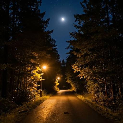 Photograph of a moonlit forest road, illuminated by streetlights, with tall, dark trees on either side under a starry night sky.