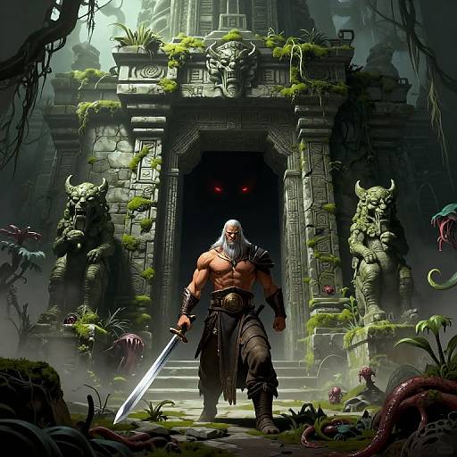 Muscular, bald, bearded warrior with sword, standing before ancient, moss-covered stone temple, flanked by green, horned statues, dark