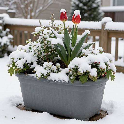 Photograph of a gray pot filled with snow-covered red tulips and greenery, set outdoors on a snowy deck. Background includes a wooden railing and