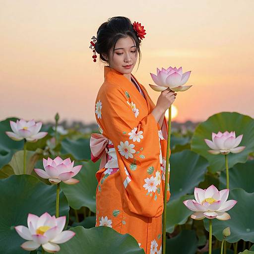 Photograph of an East Asian woman in an orange floral kimono, holding a pink lotus, standing among blooming lotus flowers at sunset.