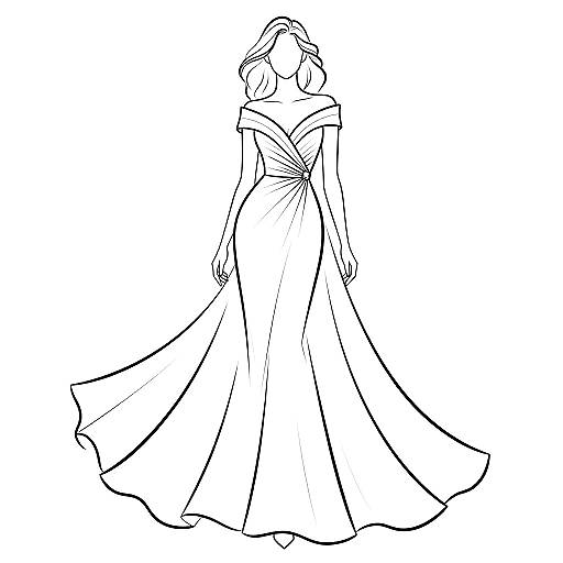 Black-and-white line drawing of a elegant, off-the-shoulder, long gown with a flowing train and a subtle bow at the waist.