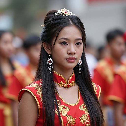 Photograph of an Asian woman with long black hair, wearing a red and gold traditional Chinese dress, ornate earrings, and a silver tiara,