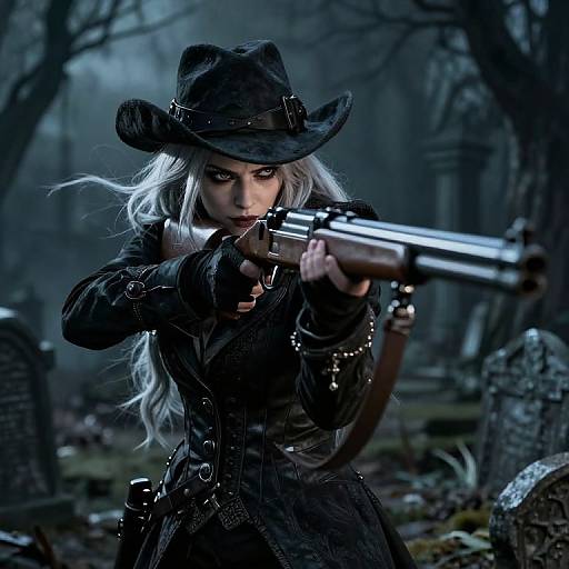 Photograph-like digital art of a fierce, white-haired woman in a black cowboy hat and leather outfit, aiming a shotgun in a dark, eerie graveyard