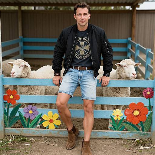 Photograph of a muscular man in black jacket, denim shorts, brown boots, standing in front of blue-painted fence with sheep and colorful flowers.