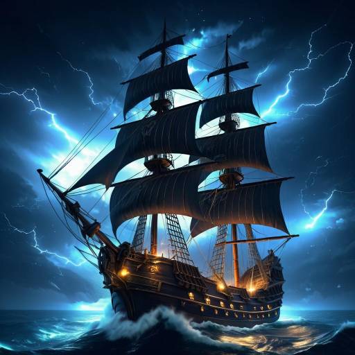 Pirate Ship Sailing in Stormy Night