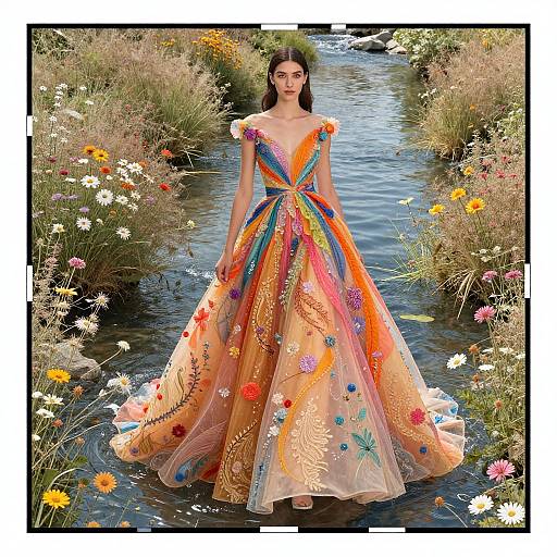 Photograph of a woman in a vibrant, floral-embellished, orange and blue ball gown standing in a colorful flower-filled stream.