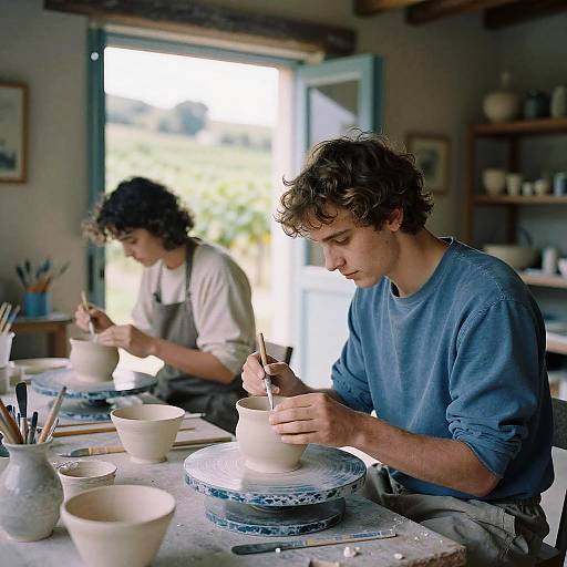 Photograph of two young men with curly hair, wearing blue and white shirts, working at a pottery wheel in a bright, cluttered studio.