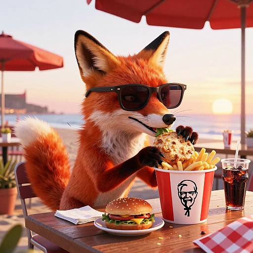 Anthropomorphic fox in sunglasses eating fries and burger at beachside table, red umbrella, sunset background, soda, cartoon-style digital art.