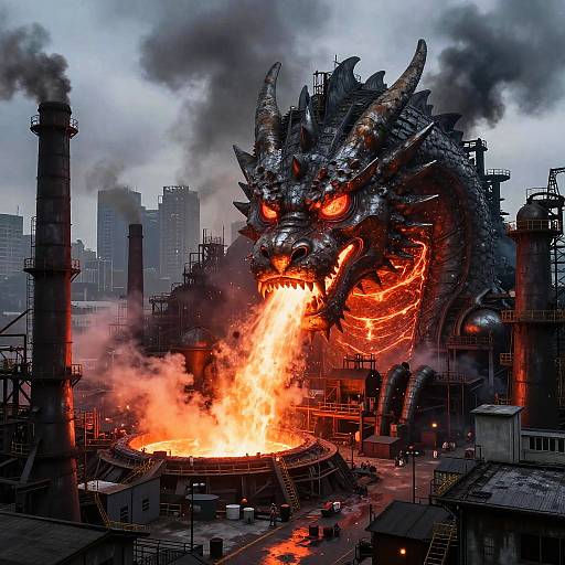 Digital artwork of a fiery, dragon-like creature breathing flames in an industrial, smoke-filled factory with towering chimneys and cityscape background.