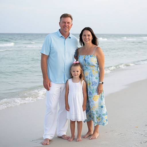 Photograph of a smiling family standing on a beach: father in light blue shirt and white pants, mother in floral dress, and daughter in white dress