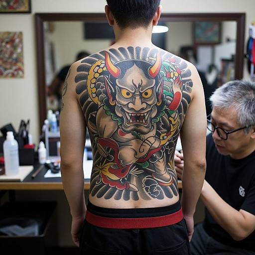 Photograph of a tattooed Asian man's back with colorful, intricate traditional Japanese demon tattoo, standing in a tattoo parlor. Tattoo artist with gray