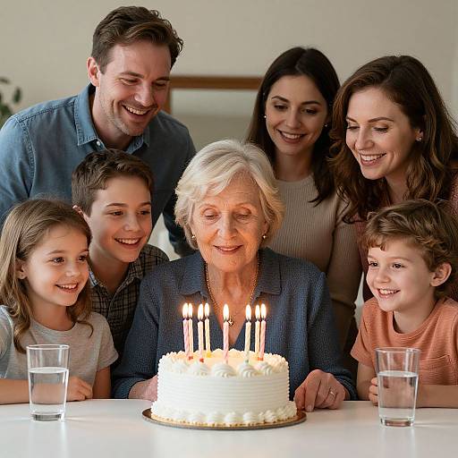 Photograph of a smiling elderly woman with white hair, surrounded by family, celebrating her birthday with a candlelit cake and drinks.