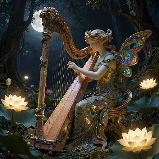 Serene Forest Nymph Harp Scene