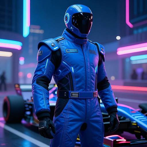 Cyberpunk-style CGI image of a male race car driver in a glowing blue, high-tech racing suit standing in a neon-lit urban street at