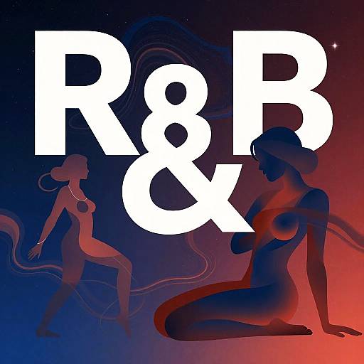 Silhouetted nude women with flowing hair, one standing, one kneeling, against a gradient blue to red background. Large white 