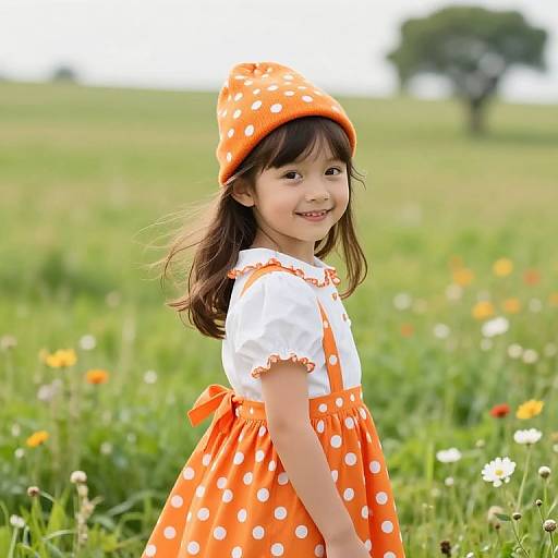 Joyful Girl in Polka-Dot Outfit