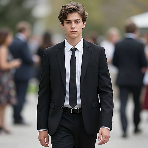 Photograph of a young white man with short brown hair, wearing a black suit, white shirt, and black tie, walking confidently in a blurred outdoor