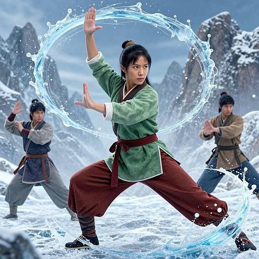 Photograph of three martial artists in green and brown uniforms performing a water-based fighting move in a snowy, mountainous landscape.