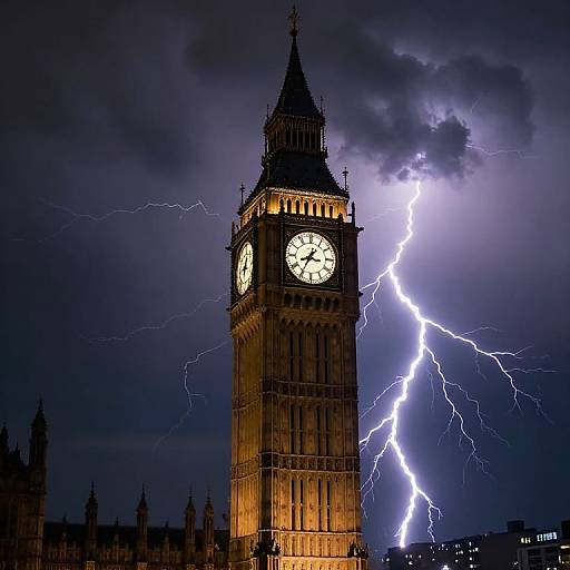 Photograph of London's Big Ben tower illuminated, with bright purple and white lightning bolts striking against a dark, stormy sky.