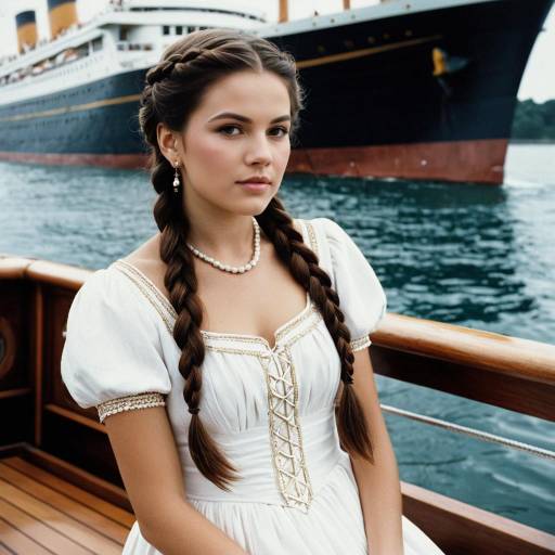 Young Woman in Titanic Era Dress on Boat Deck